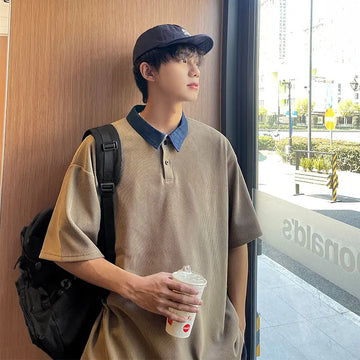 Wiaofellas  -  Men Summer Fashion Short-sleeved Polo Shirt Men's Streetwear Oversized Loose T-shirt Male Solid Color Casual Tops Tees G03